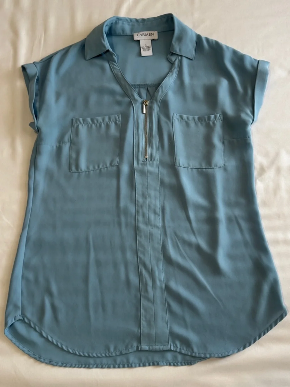 Blue Zip-Front Cap Sleeve Blouse - Picture 3 of 10